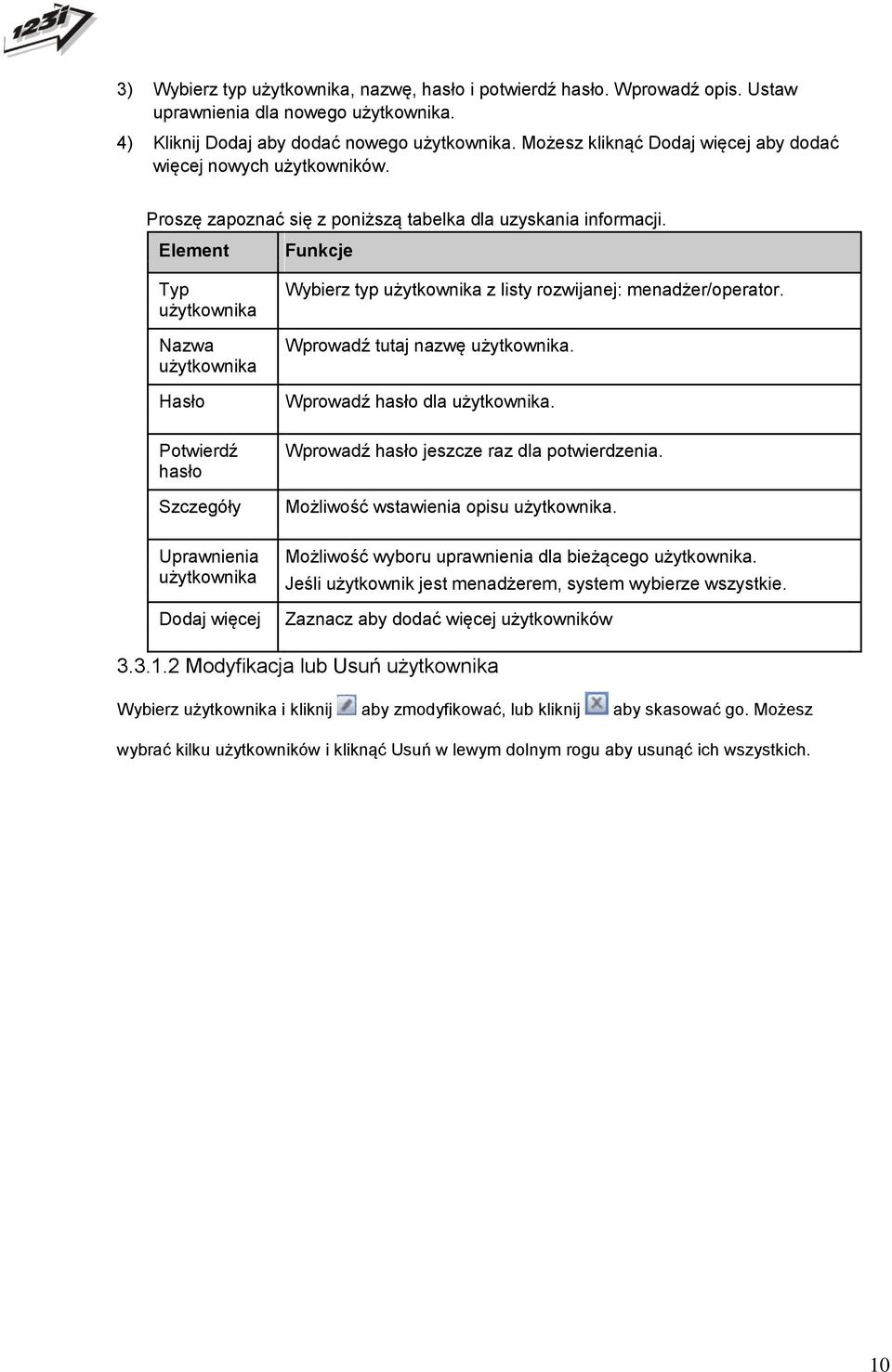 Element Funkcje Typ użytkownika Nazwa użytkownika Hasło Potwierdź hasło Szczegóły Uprawnienia użytkownika Dodaj więcej Wybierz typ użytkownika z listy rozwijanej: menadżer/operator.