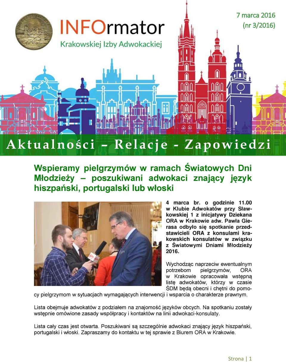 Pawła Gierasa odbyło się spotkanie przedstawicieli ORA z konsulami krakowskich konsulatów w związku z Światowymi Dniami Młodzieży 2016.