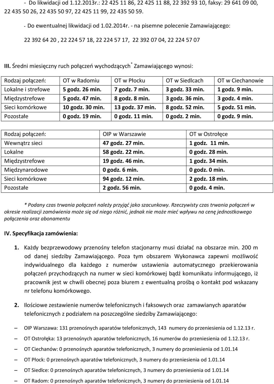 Średni miesięczny ruch połączeń wychodzących * Zamawiającego wynosi: Rodzaj połączeń: OT w Radomiu OT w Płocku OT w Siedlcach OT w Ciechanowie Lokalne i strefowe 5 godz. 26 min. 7 godz. 7 min. 3 godz.