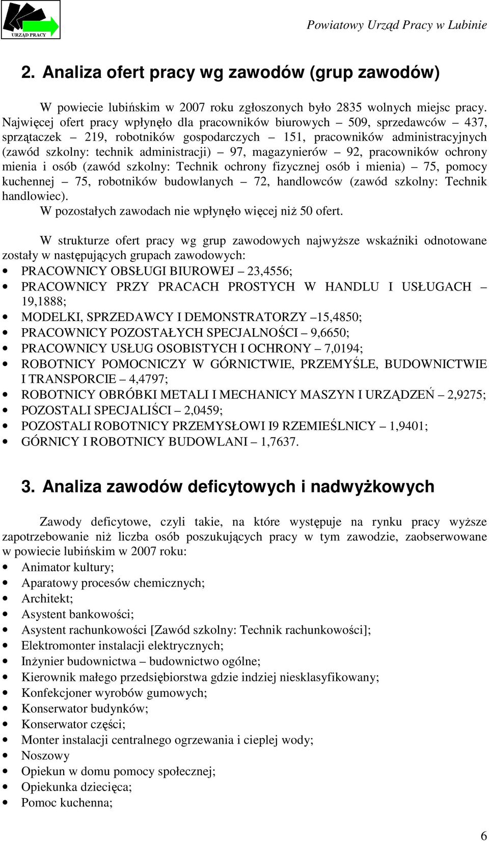 magazynierów 92, pracowników ochrony mienia i osób (zawód szkolny: Technik ochrony fizycznej osób i mienia) 75, pomocy kuchennej 75, robotników budowlanych 72, handlowców (zawód szkolny: Technik