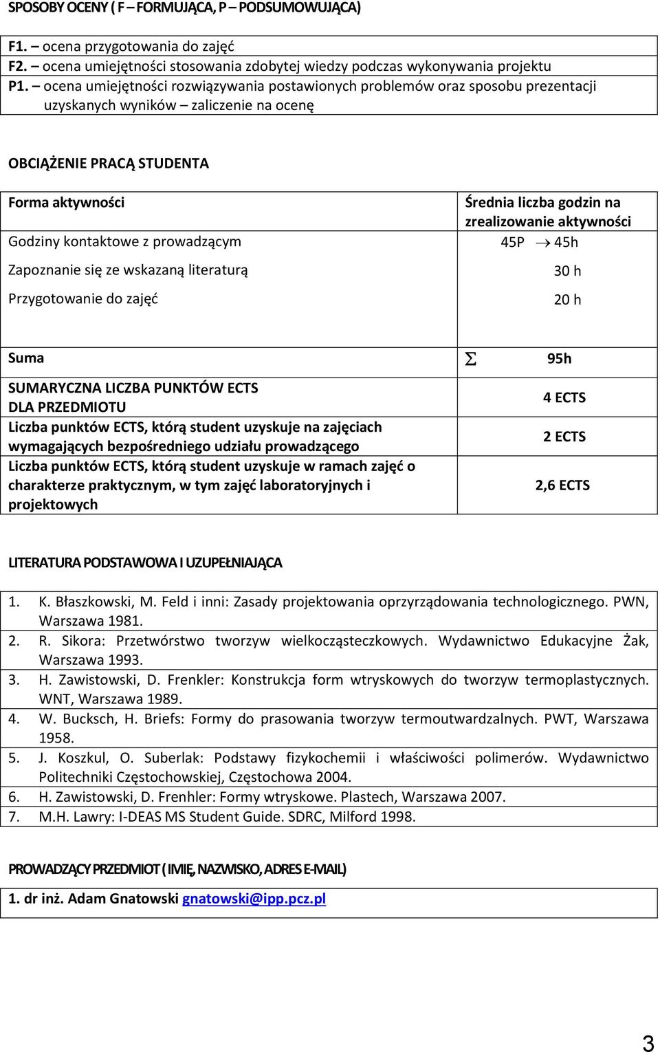 Zapoznanie się ze wskazaną literaturą Przygotowanie do zajęć Średnia liczba godzin na zrealizowanie aktywności 45P 45h 30 h 20 h Suma 95h SUMARYCZNA LICZBA PUNKTÓW ECTS DLA PRZEDMIOTU Liczba punktów