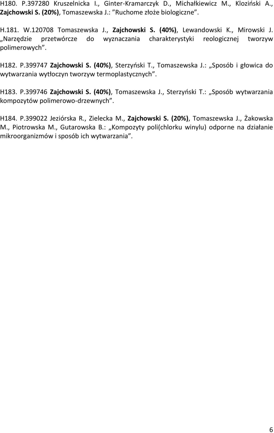 : Sposób i głowica do wytwarzania wytłoczyn tworzyw termoplastycznych. H183. P.399746 Zajchowski S. (40%), Tomaszewska J., Sterzyński T.: Sposób wytwarzania kompozytów polimerowo-drzewnych. H184. P.399022 Jeziórska R.