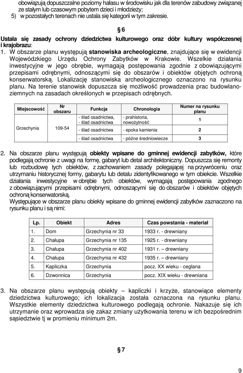 W obszarze planu występują stanowiska archeologiczne, znajdujące się w ewidencji Wojewódzkiego Urzędu Ochrony Zabytków w Krakowie.