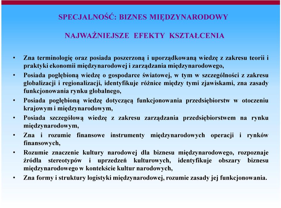 funkcjonowania rynku globalnego, Posiada pogłębioną wiedzę dotyczącą funkcjonowania przedsiębiorstw w otoczeniu krajowym i międzynarodowym, Posiada szczegółową wiedzę z zakresu zarządzania