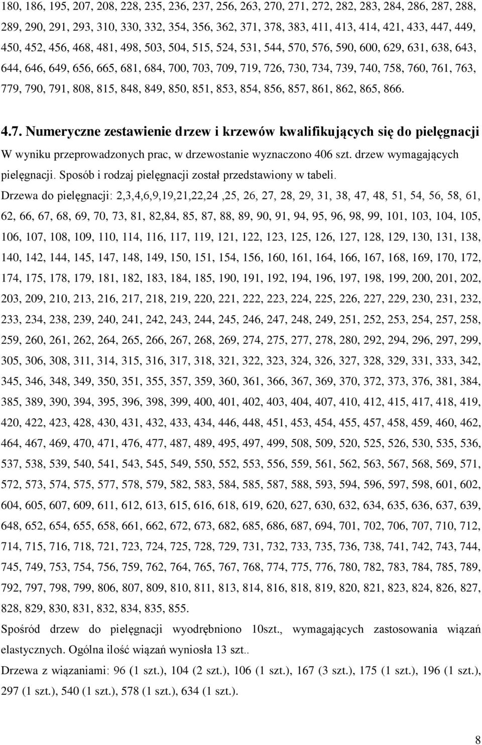 779, 790, 791, 808, 815, 848, 849, 850, 851, 853, 854, 856, 857, 861, 862, 865, 866. 4.7. Numeryczne zestawienie drzew i krzewów kwalifikujących się do pielęgnacji W wyniku przeprowadzonych prac, w drzewostanie wyznaczono 406 szt.