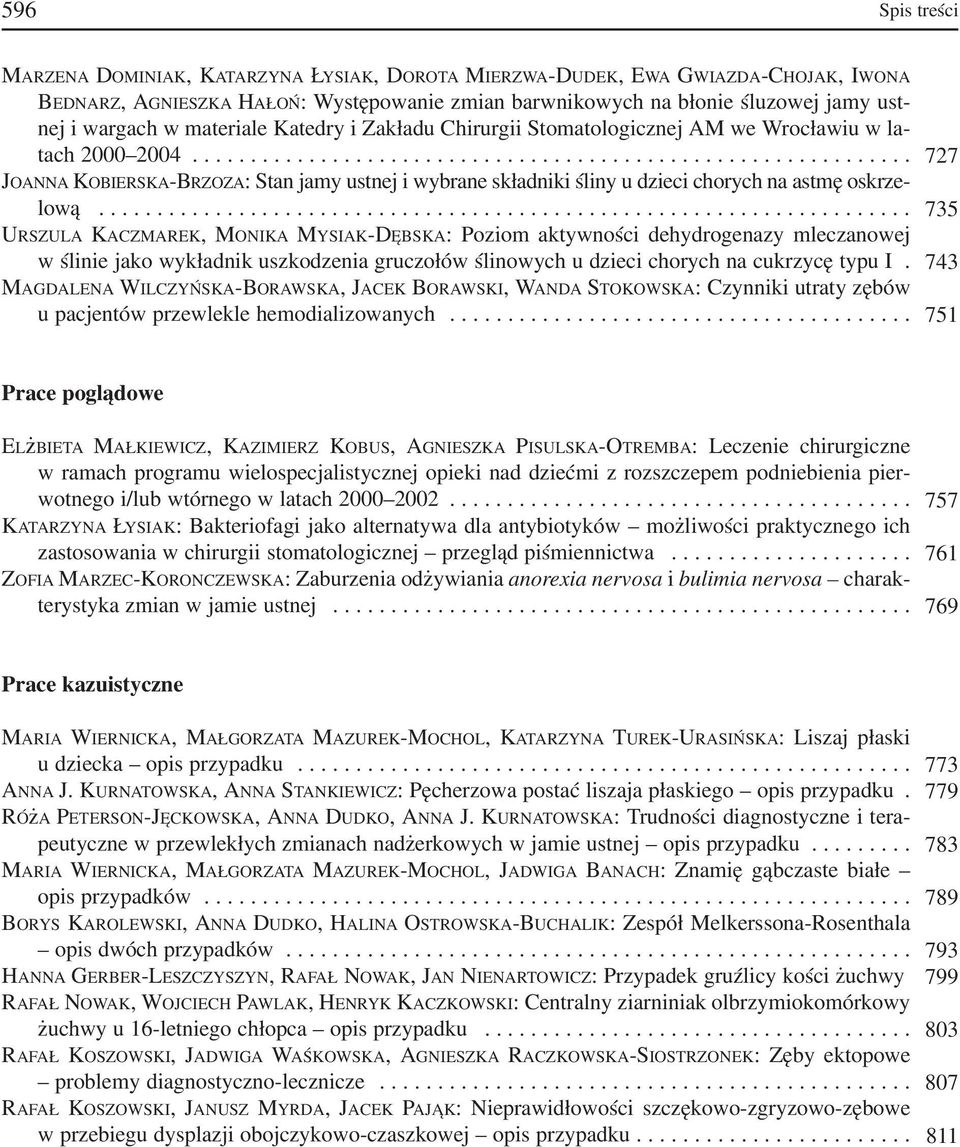 ............................................................. 727 JOANNA KOBIERSKA BRZOZA: Stan jamy ustnej i wybrane składniki śliny u dzieci chorych na astmę oskrze lową.