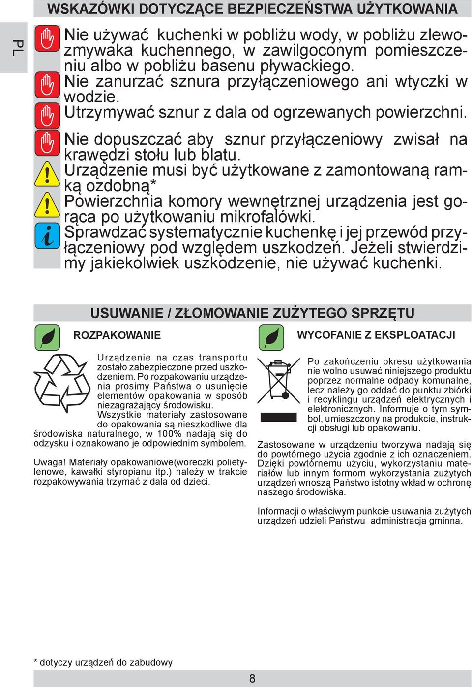 Urządzenie musi być użytkowane z zamontowaną ramką ozdobną* Powierzchnia komory wewnętrznej urządzenia jest gorąca po użytkowaniu mikrofalówki.