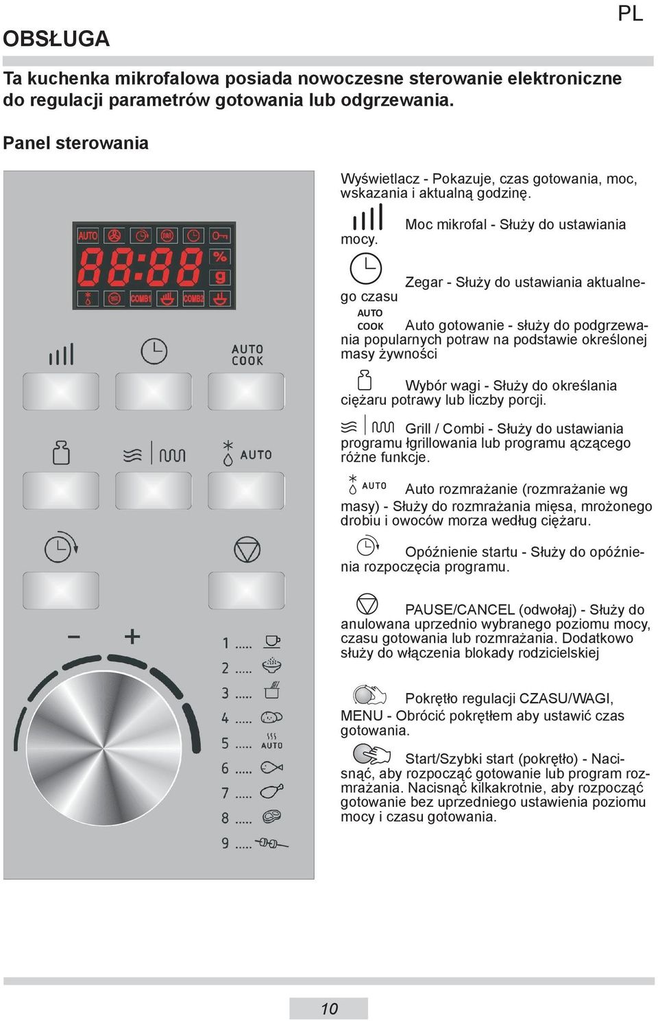 Moc mikrofal - Służy do ustawiania Zegar - Służy do ustawiania aktualnego czasu AUTO COOK Auto gotowanie - służy do podgrzewania popularnych potraw na podstawie określonej masy żywności Wybór wagi -