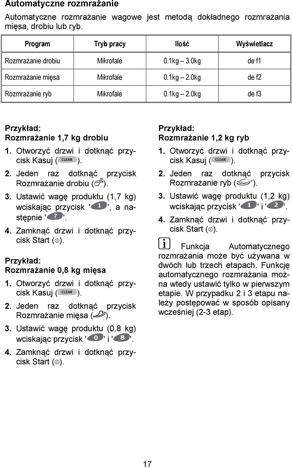 Jeden raz dotkn+/ przycisk Rozmra(anie drobiu ( ). 3. Ustawi/ wag produktu (1,7 kg) wciskaj+c przycisk ' ', a nast pnie ' '. 4. Zamkn+/ drzwi i dotkn+/ przycisk RozmraDanie 0,8 kg mi1sa 1.