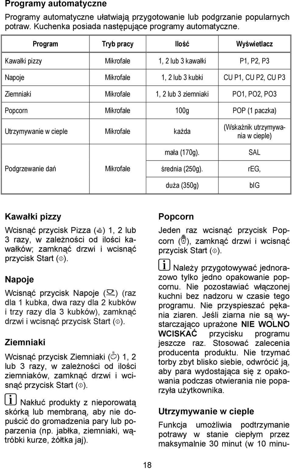 Popcorn Mikrofale 100g POP (1 paczka) Utrzymywanie w cieple Mikrofale kada maa (170g). (WskaEnik utrzymywania w cieple) SAL Podgrzewanie da? Mikrofale +rednia (250g).
