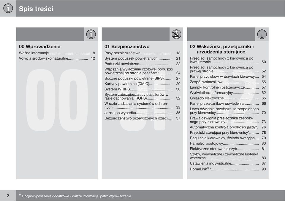 .. 50 Włączanie/wyłączanie czołowej poduszki Przegląd, samochody z kierownicą po powietrznej po stronie pasażera*... 24 prawej stronie... 52 Boczne poduszki powietrzne (SIPS).