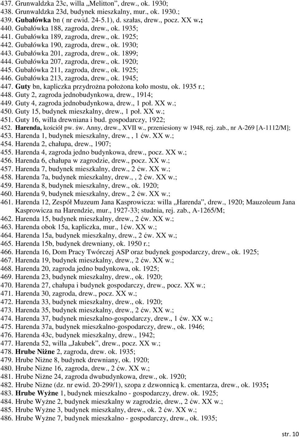 Gubałówka 207, zagroda, drew., ok. 1920; 445. Gubałówka 211, zagroda, drew., ok. 1925; 446. Gubałówka 213, zagroda, drew., ok. 1945; 447. Guty bn, kapliczka przydrożna położona koło mostu, ok. 1935 r.