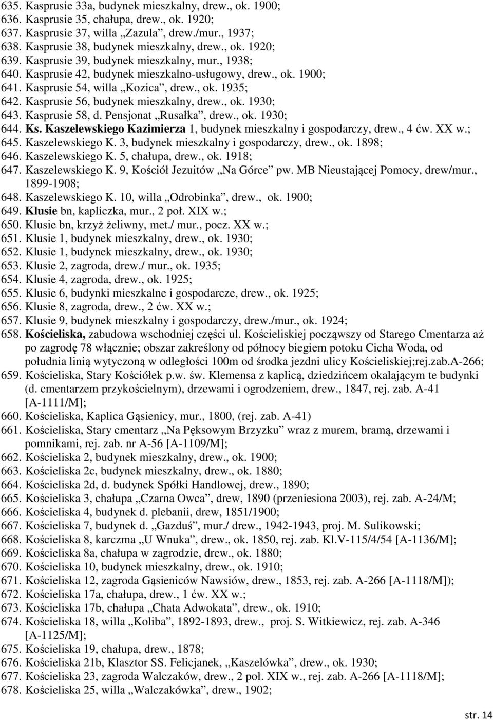 Kasprusie 56, budynek mieszkalny, drew., ok. 1930; 643. Kasprusie 58, d. Pensjonat Rusałka, drew., ok. 1930; 644. Ks. Kaszelewskiego Kazimierza 1, budynek mieszkalny i gospodarczy, drew., 4 ćw. XX w.