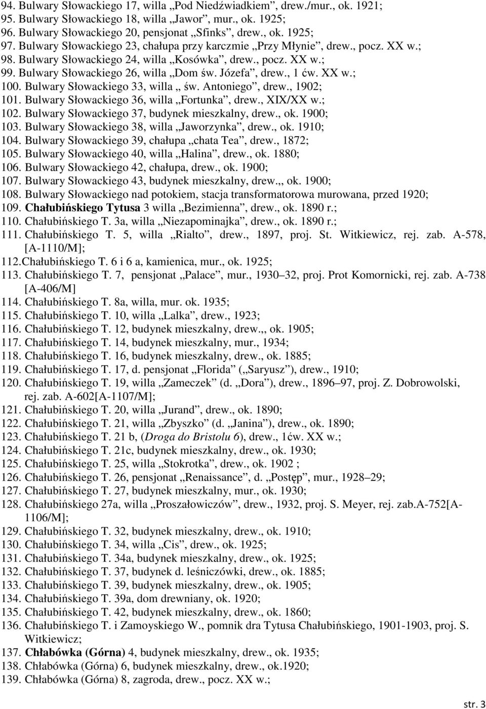 , 1 ćw. XX w.; 100. Bulwary Słowackiego 33, willa św. Antoniego, drew., 1902; 101. Bulwary Słowackiego 36, willa Fortunka, drew., XIX/XX w.; 102. Bulwary Słowackiego 37, budynek mieszkalny, drew., ok.