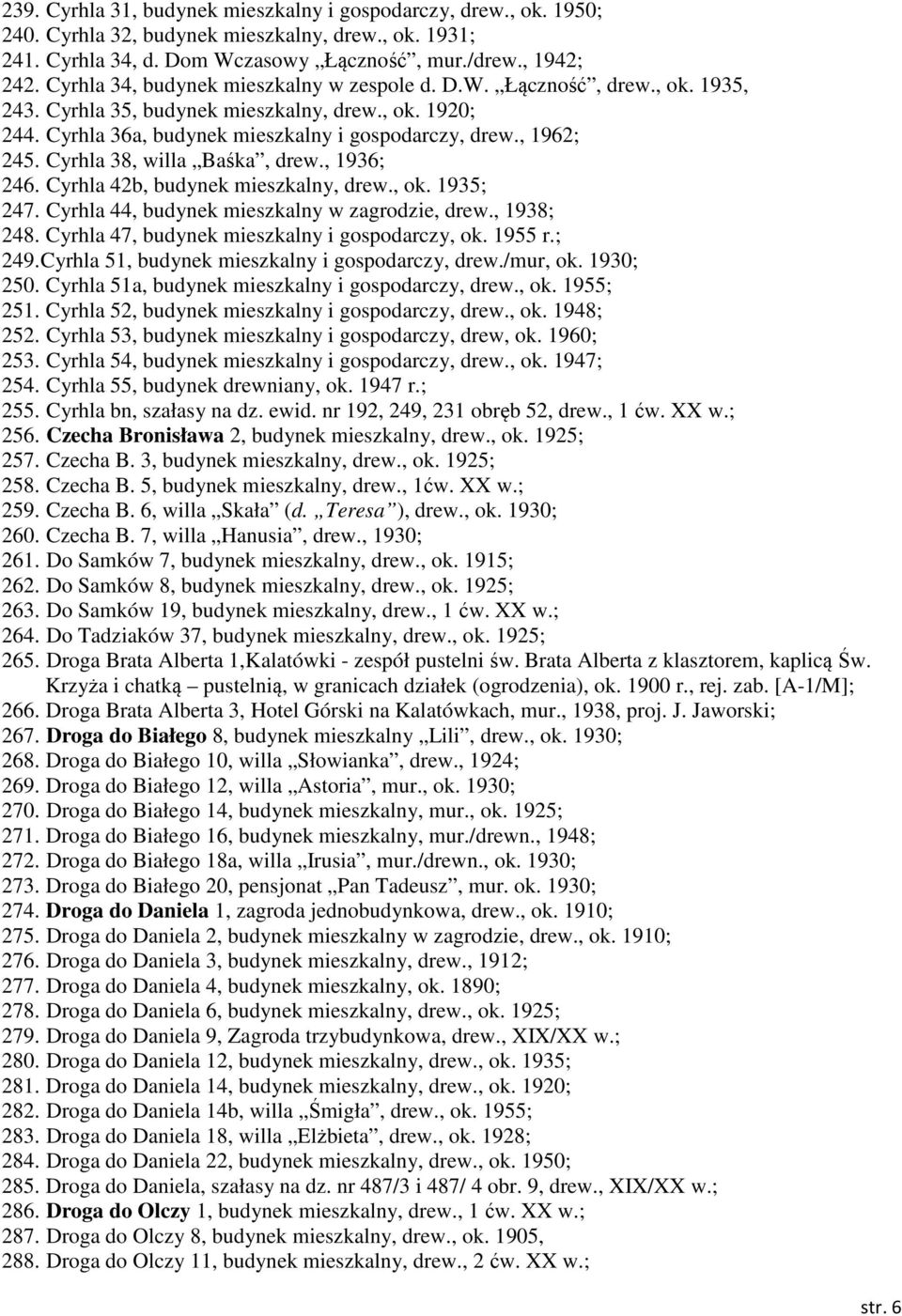 Cyrhla 38, willa Baśka, drew., 1936; 246. Cyrhla 42b, budynek mieszkalny, drew., ok. 1935; 247. Cyrhla 44, budynek mieszkalny w zagrodzie, drew., 1938; 248.