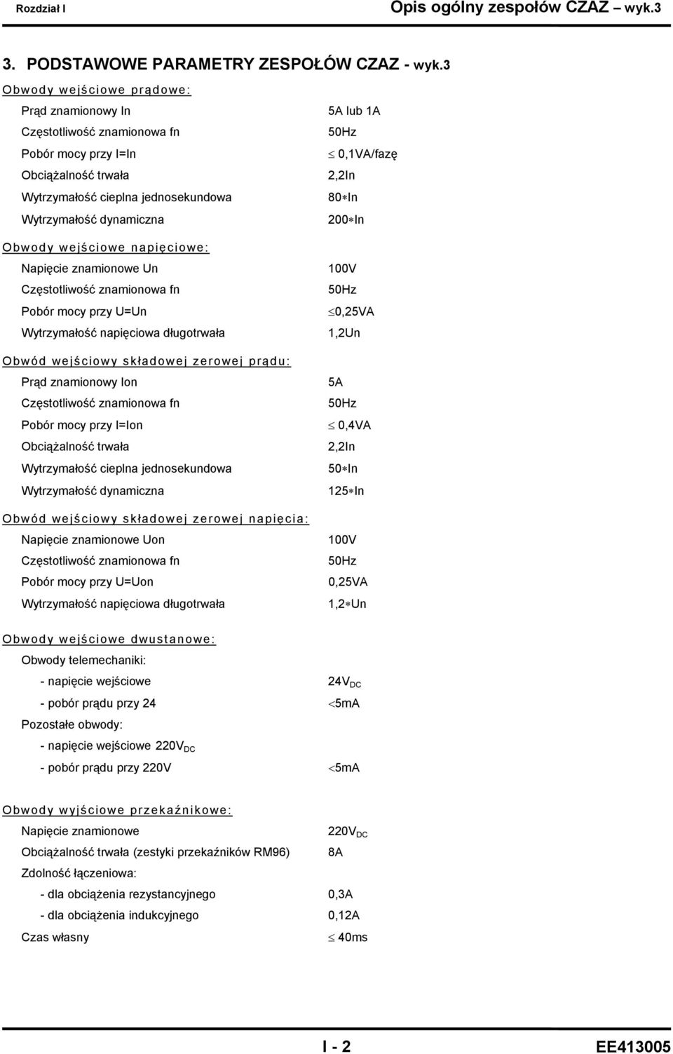 napięciowe: Napięcie znamionowe Un Częstotliwość znamionowa fn Pobór mocy przy U=Un Wytrzymałość napięciowa długotrwała Obwód wejściowy składowej zerowej prądu: Prąd znamionowy Ion Częstotliwość