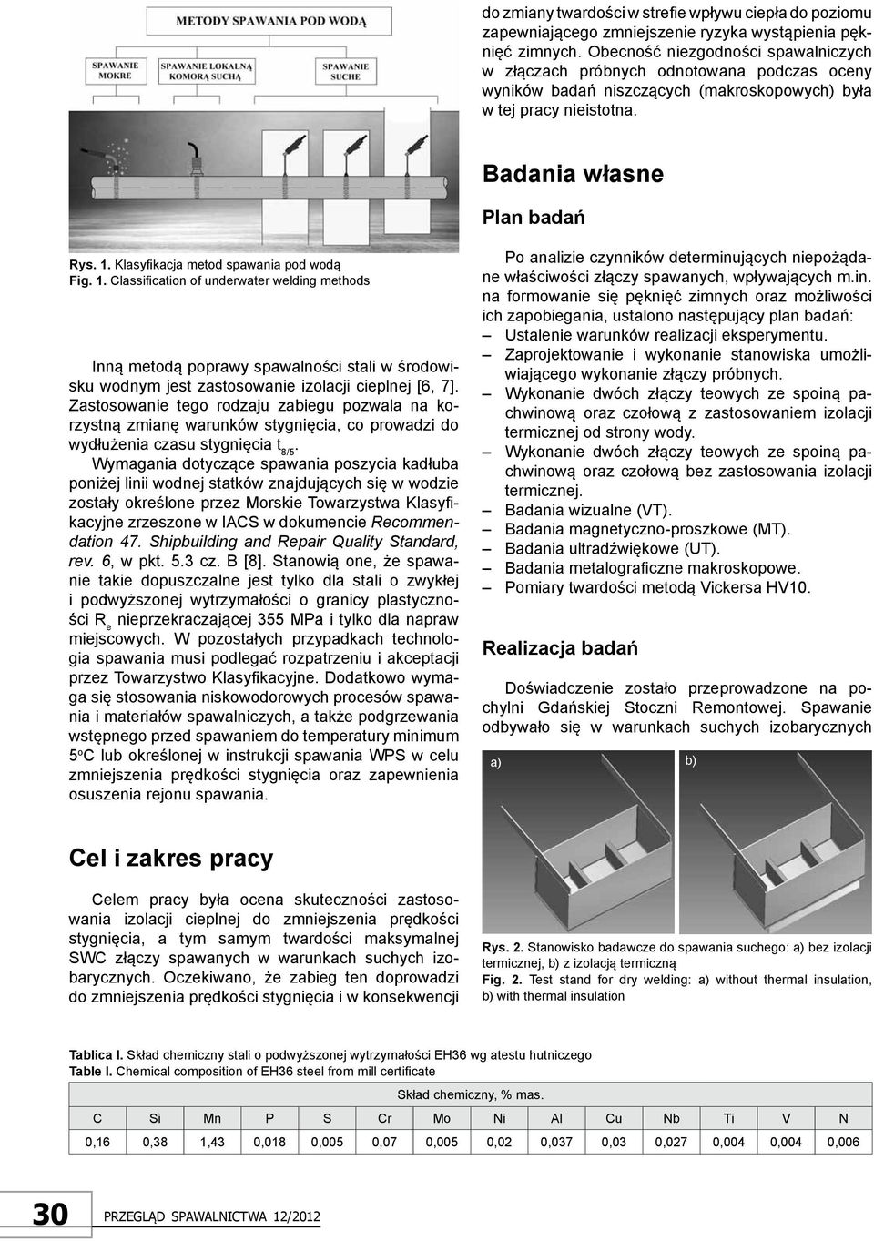 Klasyfikacja metod spawania pod wodą Fig. 1. Classification of underwater welding methods Inną metodą poprawy spawalności stali w środowisku wodnym jest zastosowanie izolacji cieplnej [6, 7].