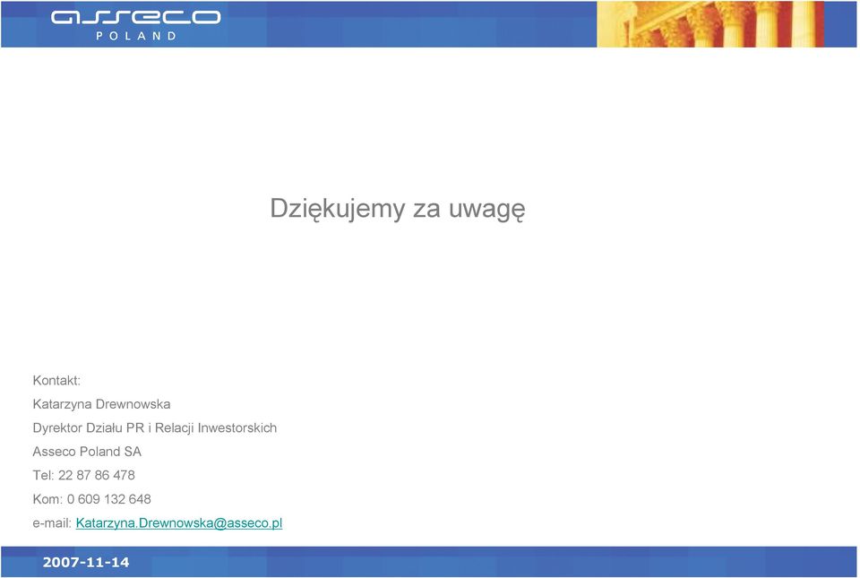 Inwestorskich Asseco Poland SA Tel: 22 87 86