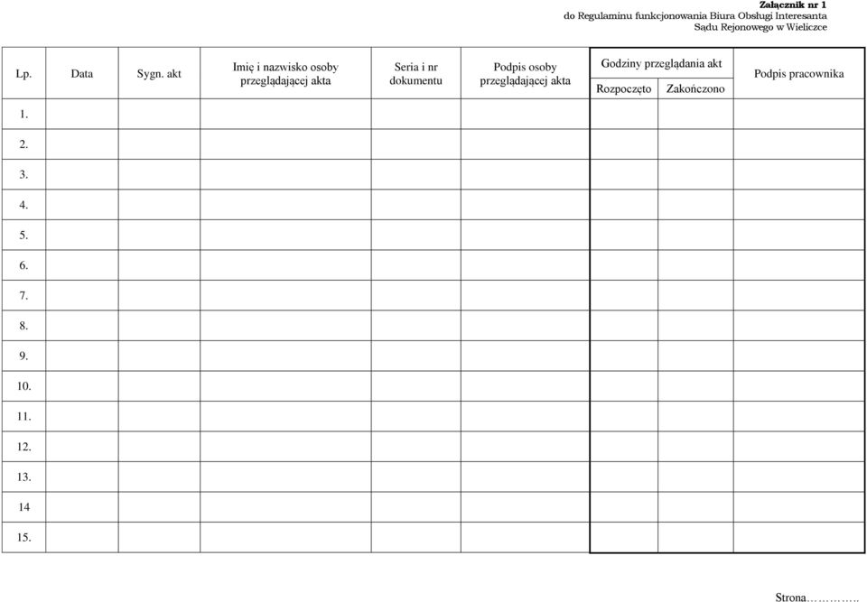 akt Imię i nazwisko osoby przeglądającej akta Seria i nr dokumentu Podpis osoby