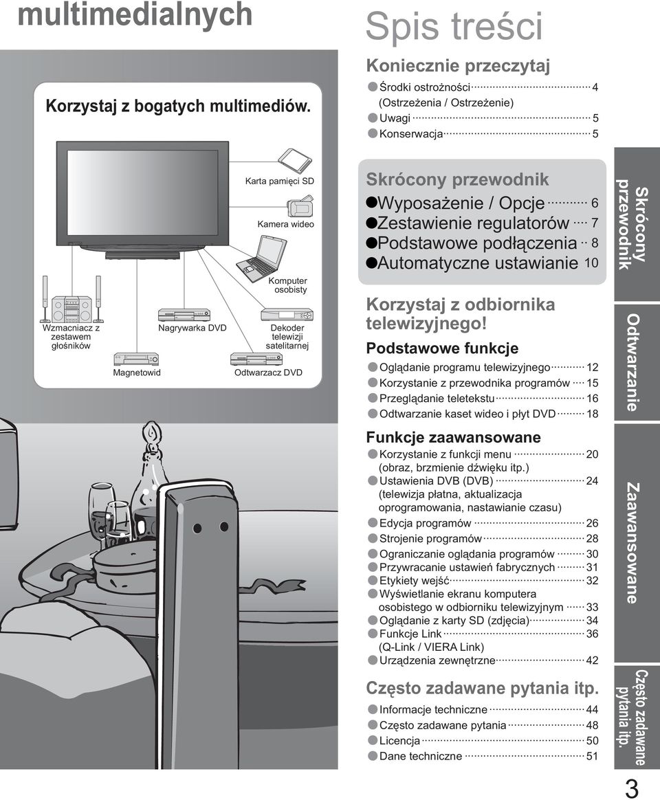 Komputer osobisty Dekoder telewizji satelitarnej Odtwarzacz DVD Skrócony przewodnik Wyposa enie / Opcje 6 Zestawienie regulatorów 7 Podstawowe pod czenia 8 Automatyczne ustawianie 10 Korzystaj z