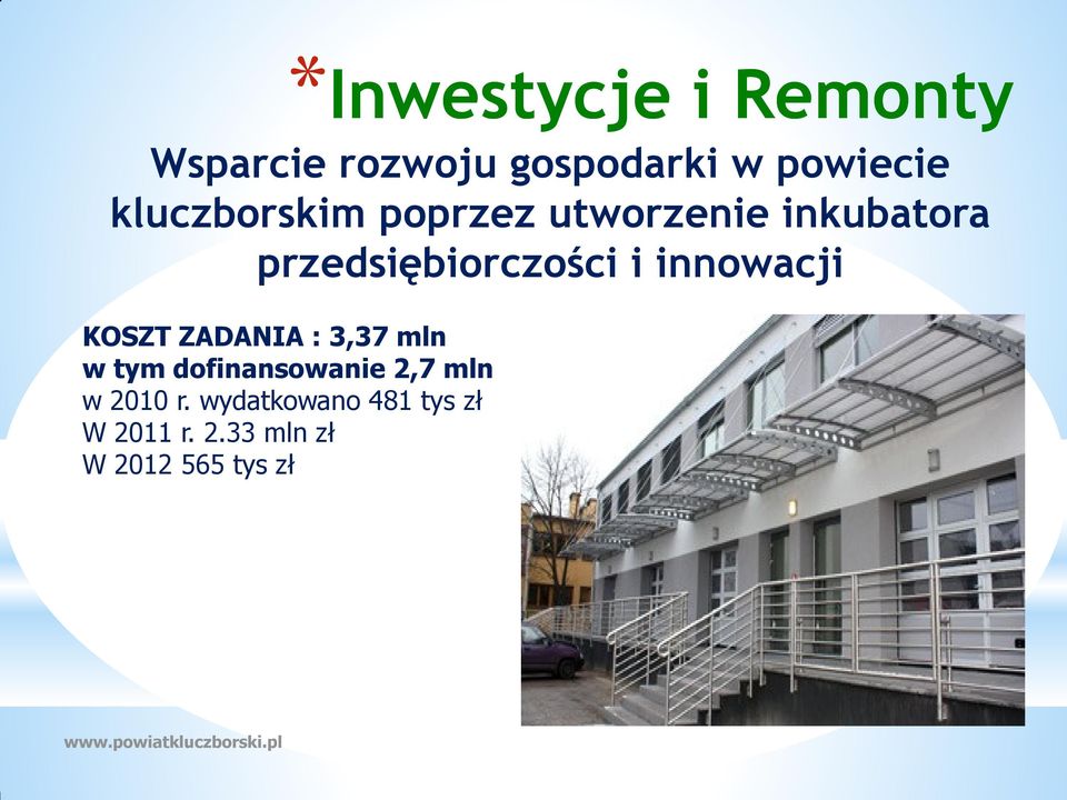 innowacji KOSZT ZADANIA : 3,37 mln w tym dofinansowanie 2,7 mln w