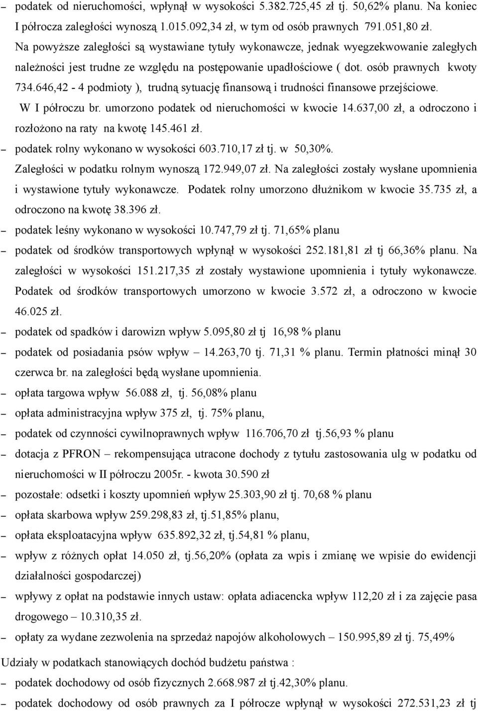 646,42-4 podmioty ), trudną sytuację finansową i trudności finansowe przejściowe. W I półroczu br. umorzono podatek od nieruchomości w kwocie 14.