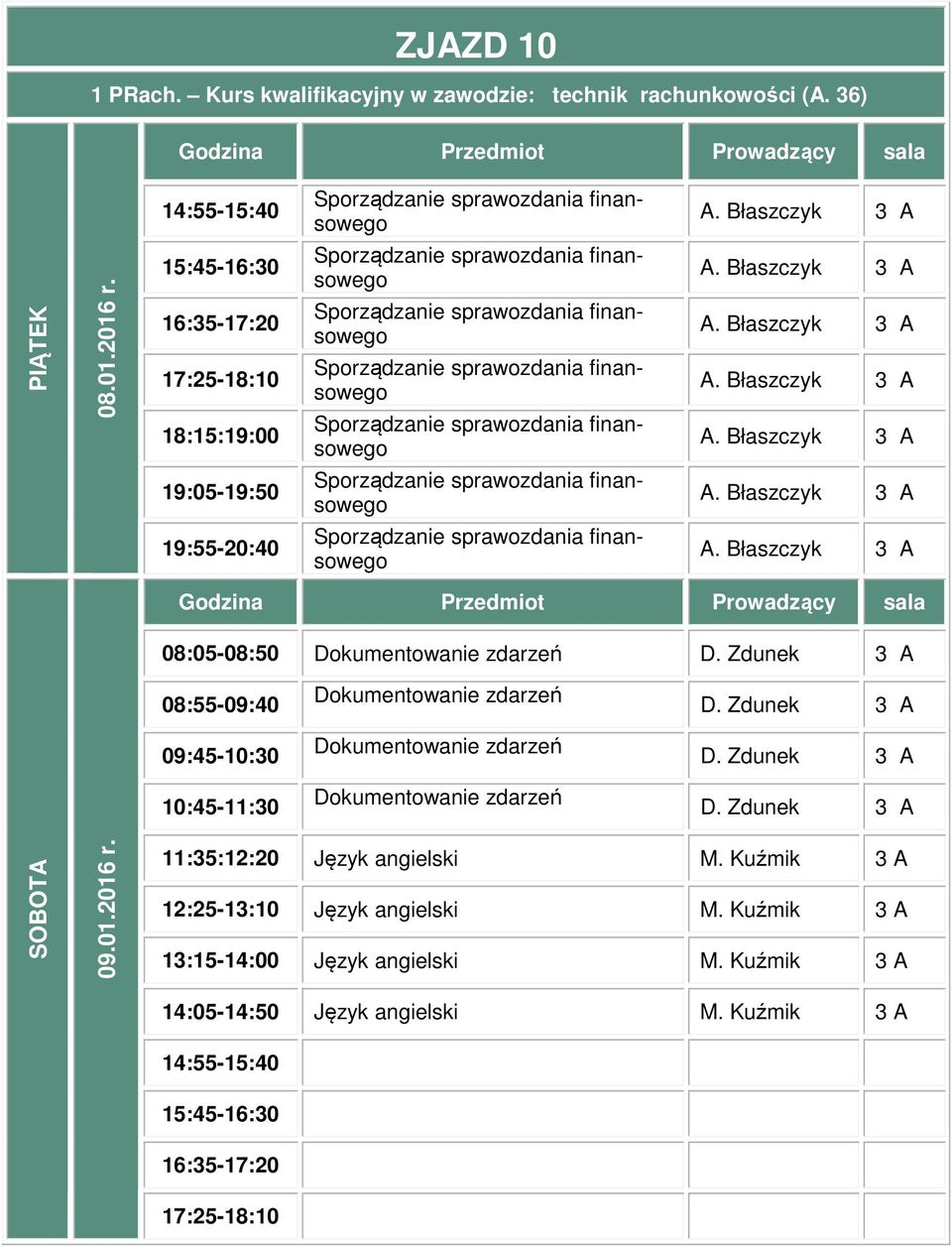 zdarzeń D. Zdunek 3 A D. Zdunek 3 A D. Zdunek 3 A 09.01.2016 r. 11:35:12:20 Język angielski M.