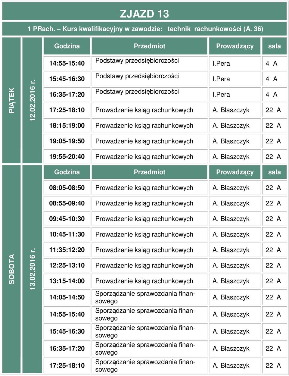 rachunkowych 08:05-08:50 Prowadzenie ksiąg rachunkowych 08:55-09:40 Prowadzenie ksiąg rachunkowych 09:45-10:30 Prowadzenie ksiąg rachunkowych 10:45-11:30