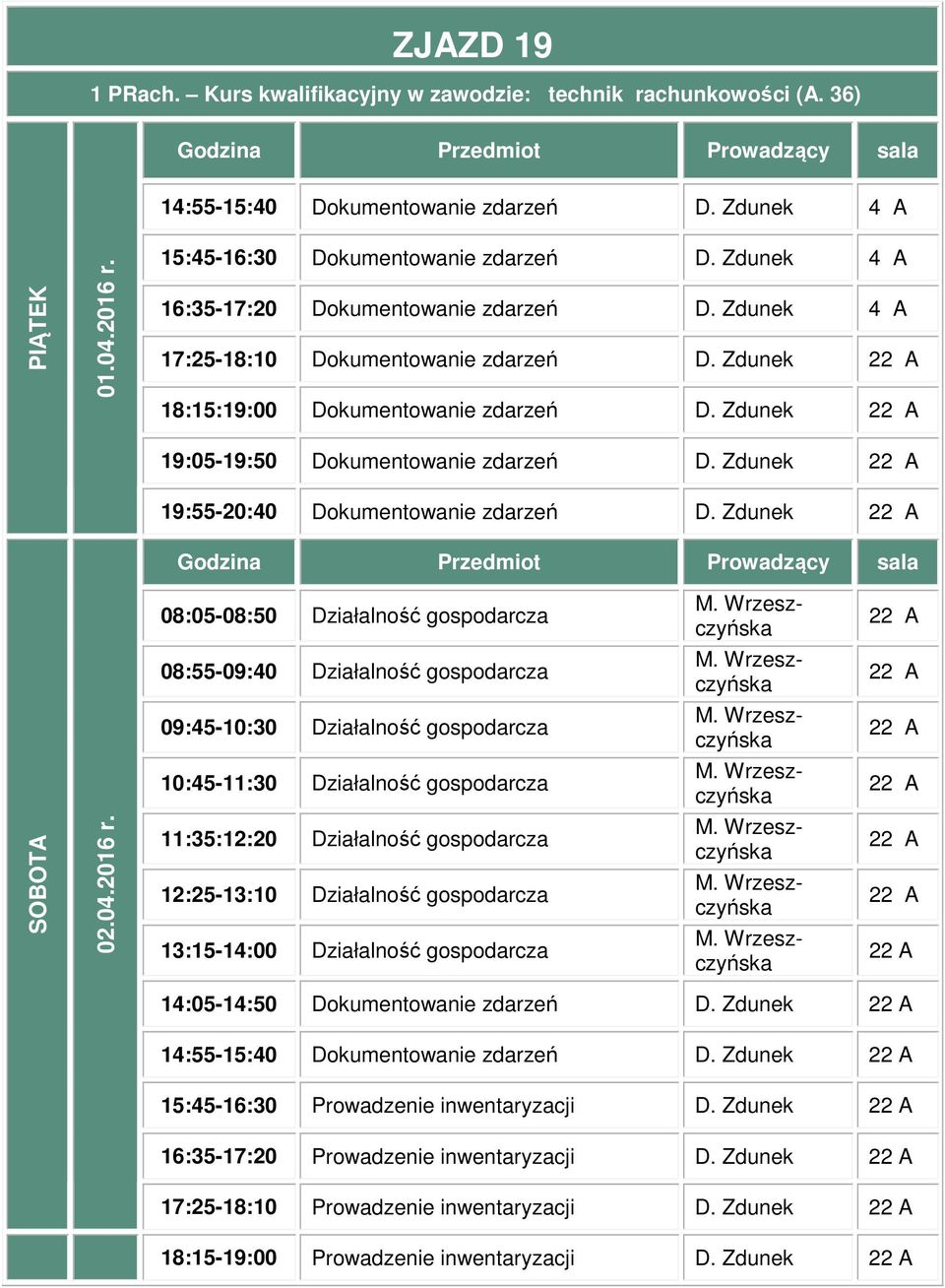 Zdunek 19:55-20:40 Dokumentowanie zdarzeń D. Zdunek 08:05-08:50 08:55-09:40 09:45-10:30 10:45-11:30 02.04.2016 r.