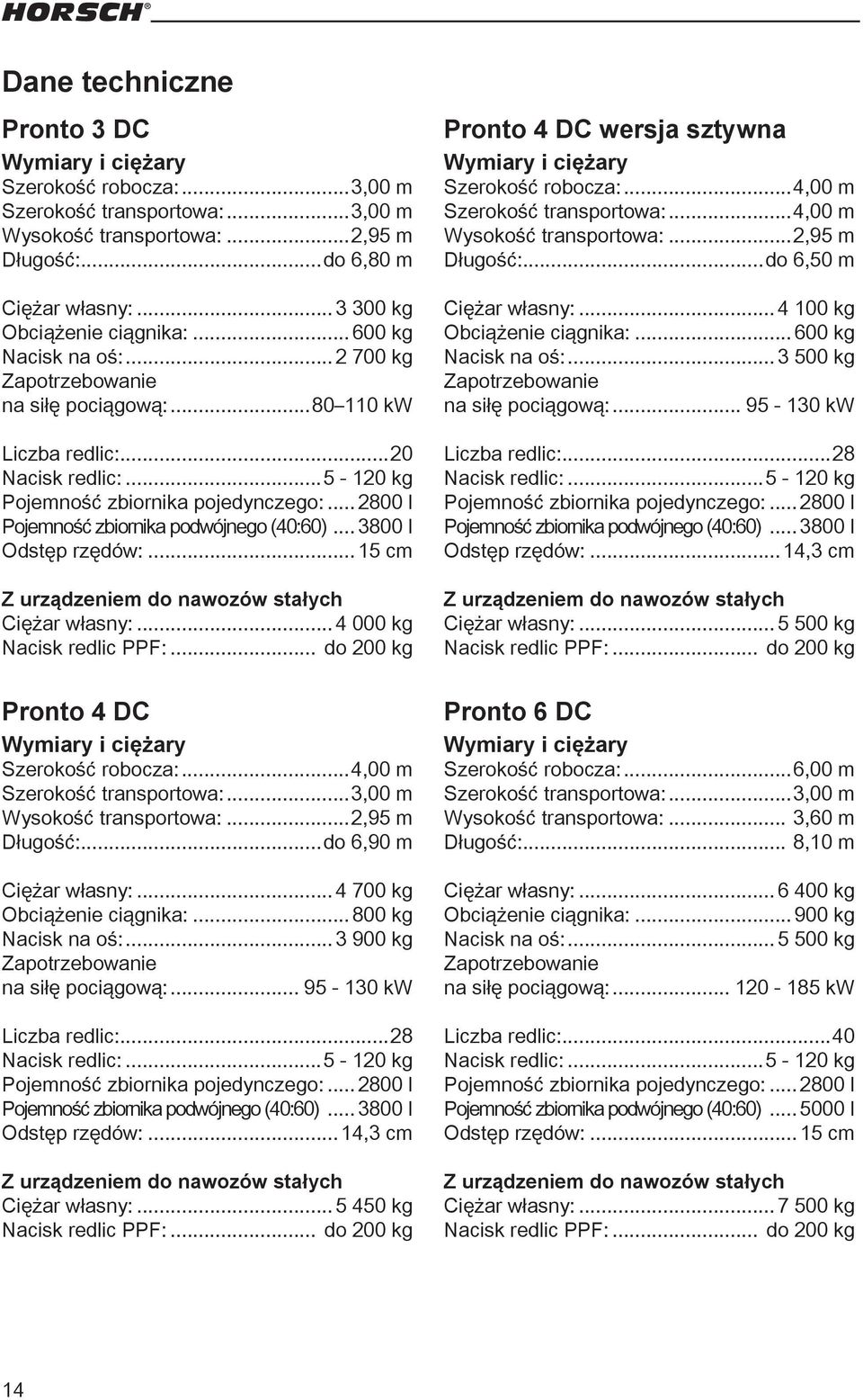 .. 2800 l Pojemność zbiornika podwójnego (40:60)... 3800 l Odstęp rzędów:... 15 cm Z urządzeniem do nawozów stałych Ciężar własny:... 4 000 kg Nacisk redlic PPF:.