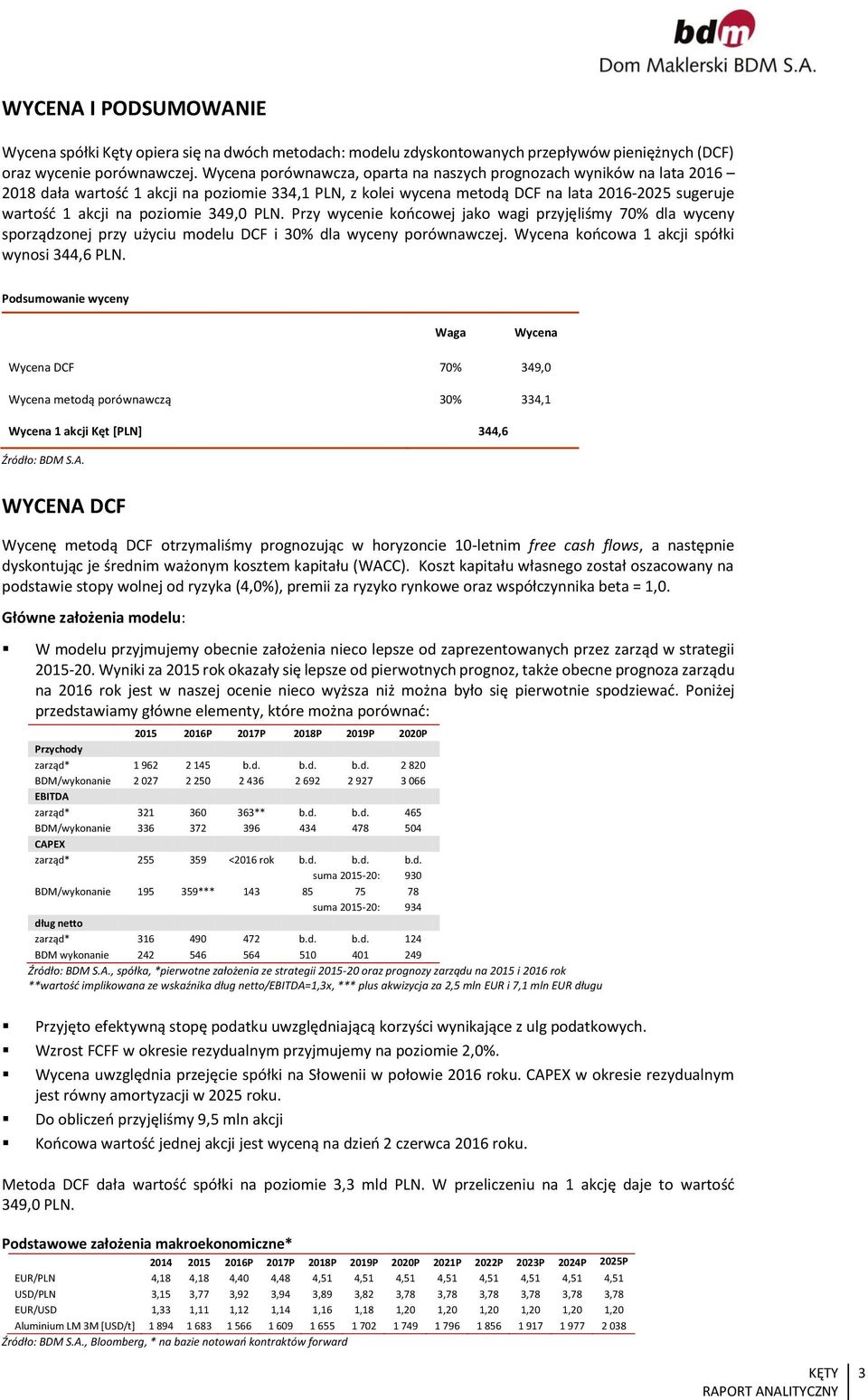 Przy wycenie końcowej jako wagi przyjęliśmy 7% dla wyceny sporządzonej przy użyciu modelu DCF i % dla wyceny porównawczej. Wycena końcowa akcji spółki wynosi,6 PLN.