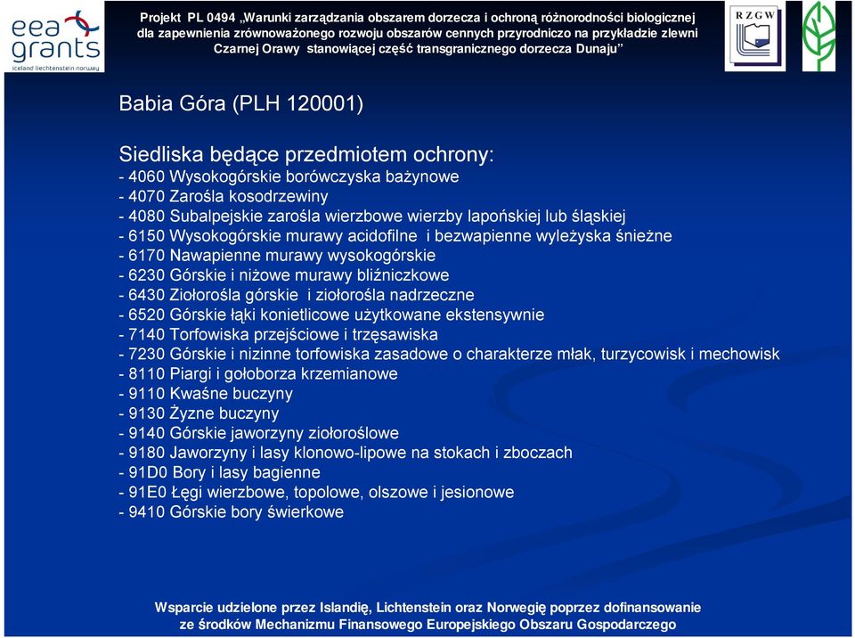 -6520 Górskie łąki konietlicowe użytkowane ekstensywnie -7140 Torfowiska przejściowe i trzęsawiska -7230 Górskie i nizinne torfowiska zasadowe o charakterze młak, turzycowisk i mechowisk -8110 Piargi