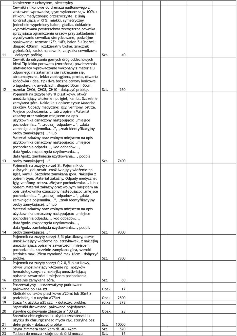 podwójne opakowanie; rozmiar 12Fr, 14Fr, balon 5-10cc/ml; długość 420mm, rozdzieralny trokar, znacznik głębokości, zacisk na cewnik, zatyczka cewnikowa dołączyć próbkę. Szt.