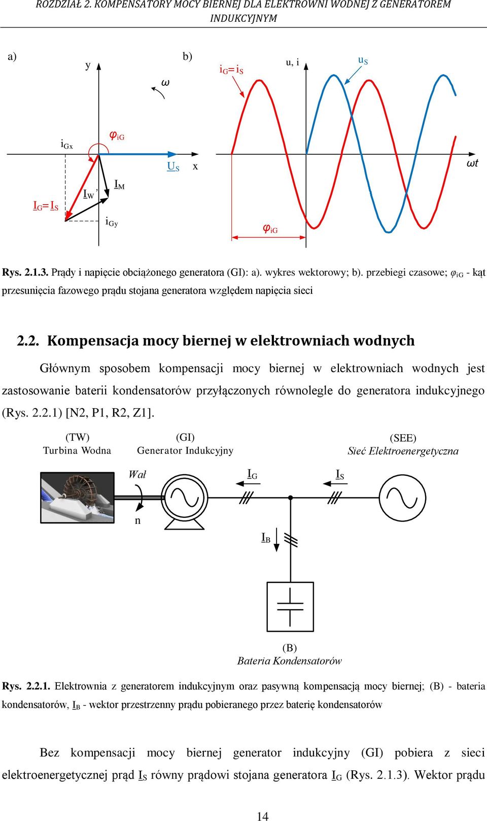 mocy biernej w elektrowniach wodnych Głównym sposobem kompensacji mocy biernej w elektrowniach wodnych jest zastosowanie baterii kondensatorów przyłączonych równolegle do generatora indukcyjnego (Rys.