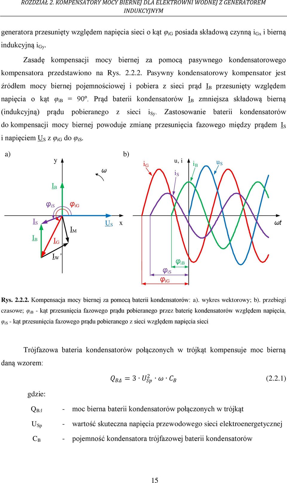 2.2. Pasywny kondensatorowy kompensator jest źródłem mocy biernej pojemnościowej i pobiera z sieci prąd I B przesunięty względem napięcia o kąt φ ib = 90º.