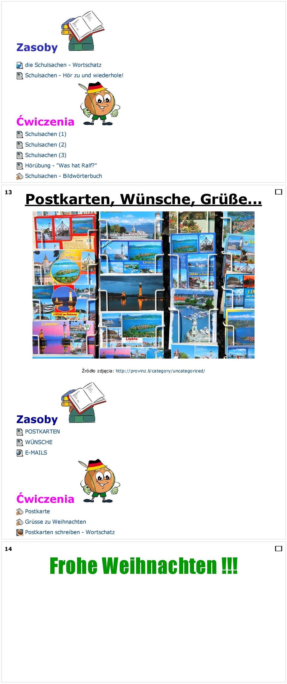 " Schulsachen - Bildwörterbuch 13 Postkarten, Wünsche, Grüße... Źródło zdjęcia: http://provinz.