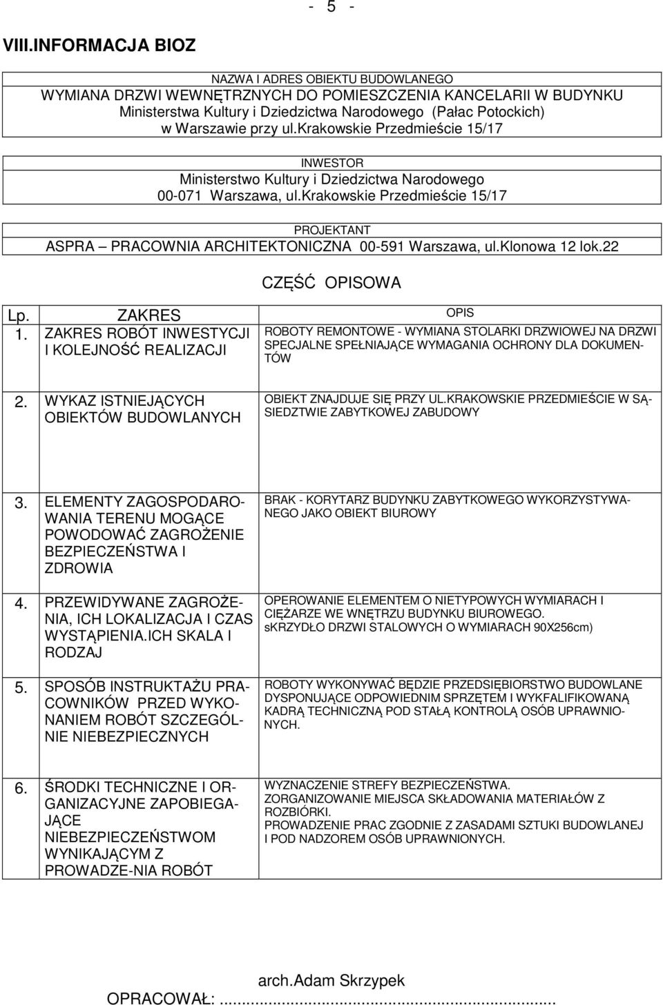 krakowskie Przedmieście 15/17 INWESTOR Ministerstwo Kultury i Dziedzictwa Narodowego 00-071 Warszawa, ul.krakowskie Przedmieście 15/17 PROJEKTANT ASPRA PRACOWNIA ARCHITEKTONICZNA 00-591 Warszawa, ul.