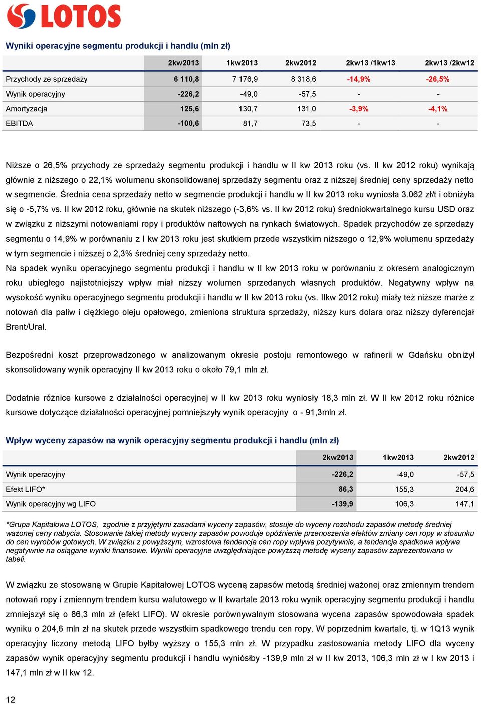 II kw 2012 roku) wynikają głównie z niższego o 22,1% wolumenu skonsolidowanej sprzedaży segmentu oraz z niższej średniej ceny sprzedaży netto w segmencie.