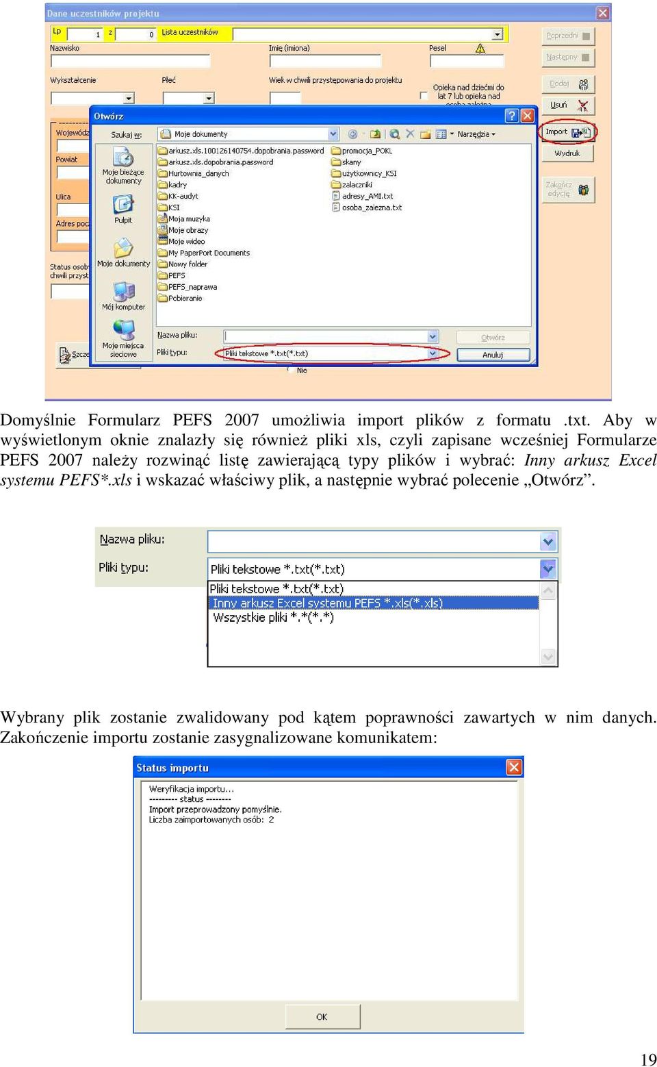 rozwinąć listę zawierającą typy plików i wybrać: Inny arkusz Excel systemu PEFS*.