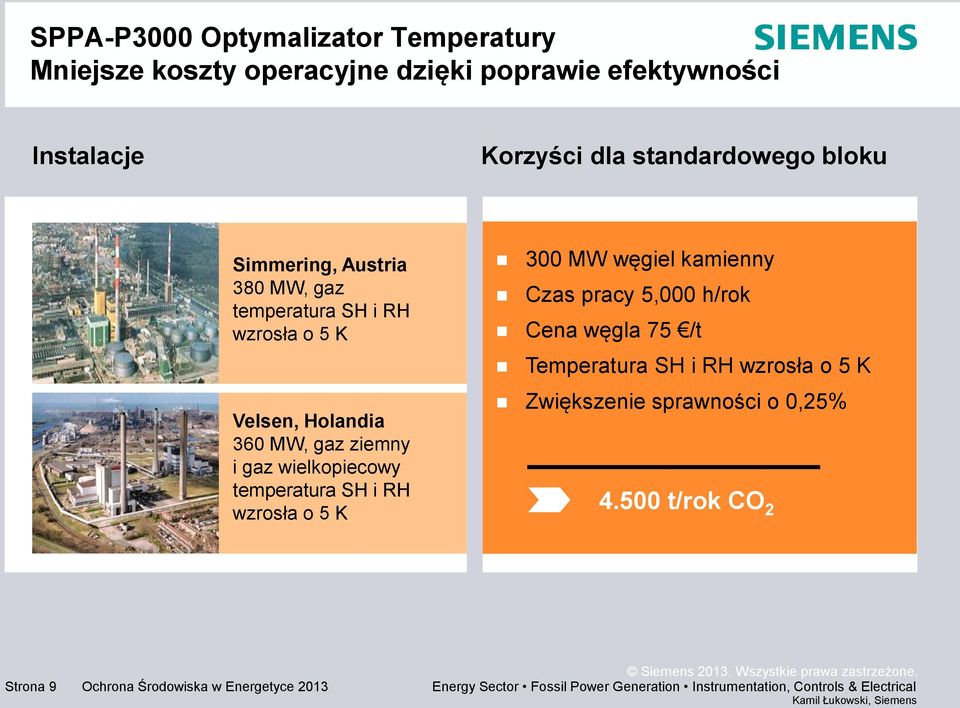 RH wzrosła o 5 K 300 MW węgiel kamienny Czas pracy 5,000 h/rok Cena węgla 75 /t Temperatura SH i RH wzrosła o 5 K Zwiększenie sprawności o