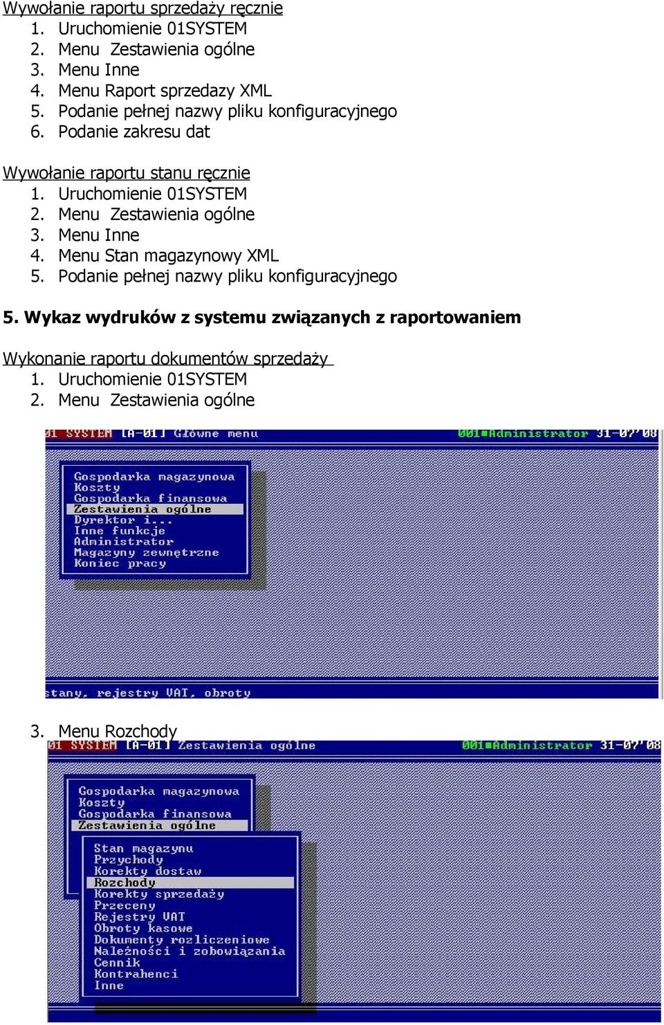 Podanie zakresu dat Wywołanie raportu stanu ręcznie 3. Menu Inne 4. Menu Stan magazynowy XML 5.