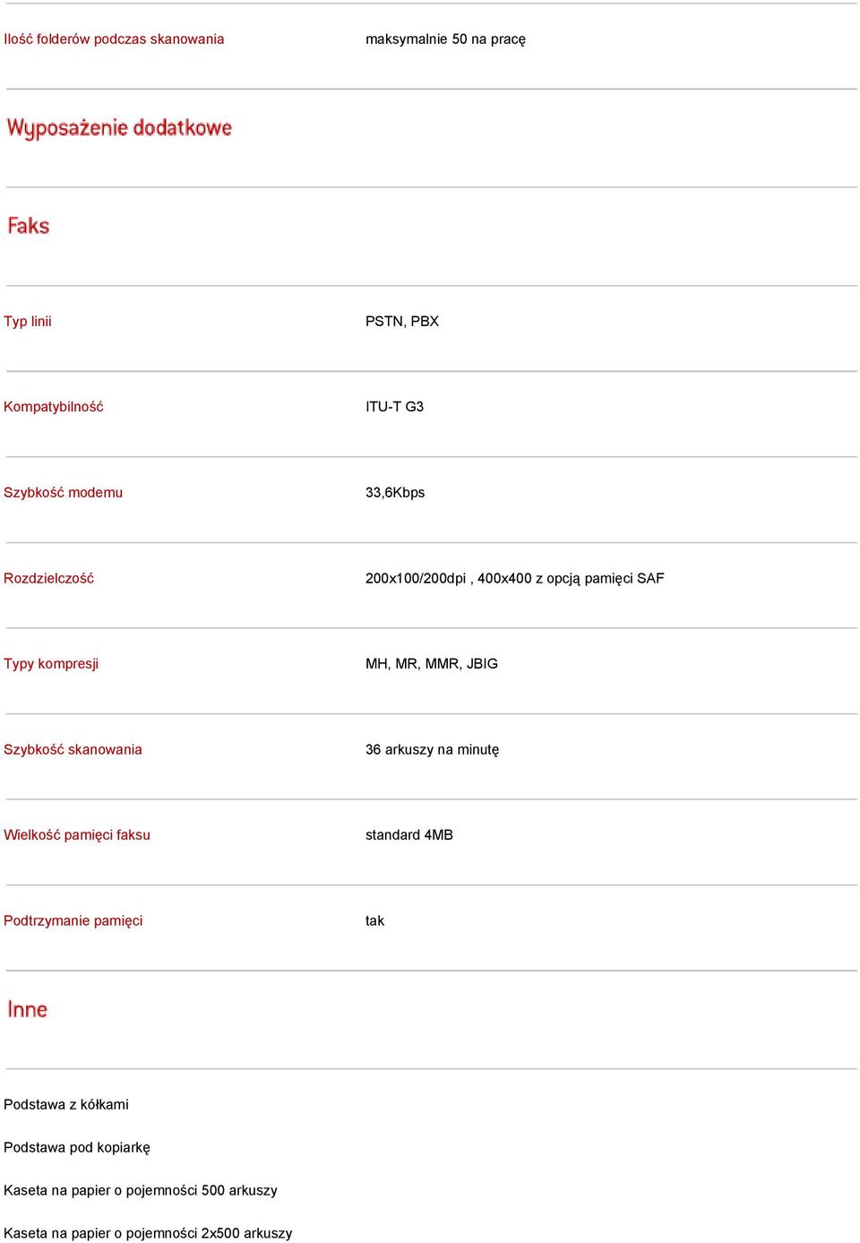 Szybkość skanowania 36 arkuszy na minutę Wielkość pamięci faksu standard 4MB Podtrzymanie pamięci tak Podstawa