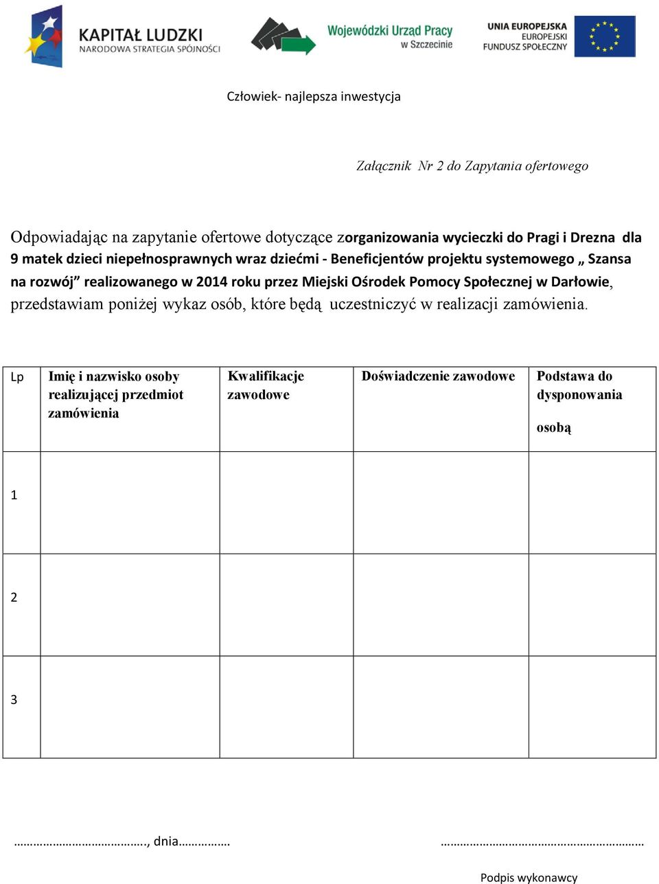 Pomocy Społecznej w Darłowie, przedstawiam poniżej wykaz osób, które będą uczestniczyć w realizacji zamówienia.