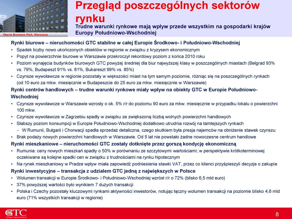 przekroczył rekordowy poziom z końca 2010 roku Poziom wynajęcia budynków biurowych GTC powyżej średniej dla biur najwyższej klasy w poszczególnych miastach (Belgrad 93% vs. 79%, Budapeszt 91% vs.