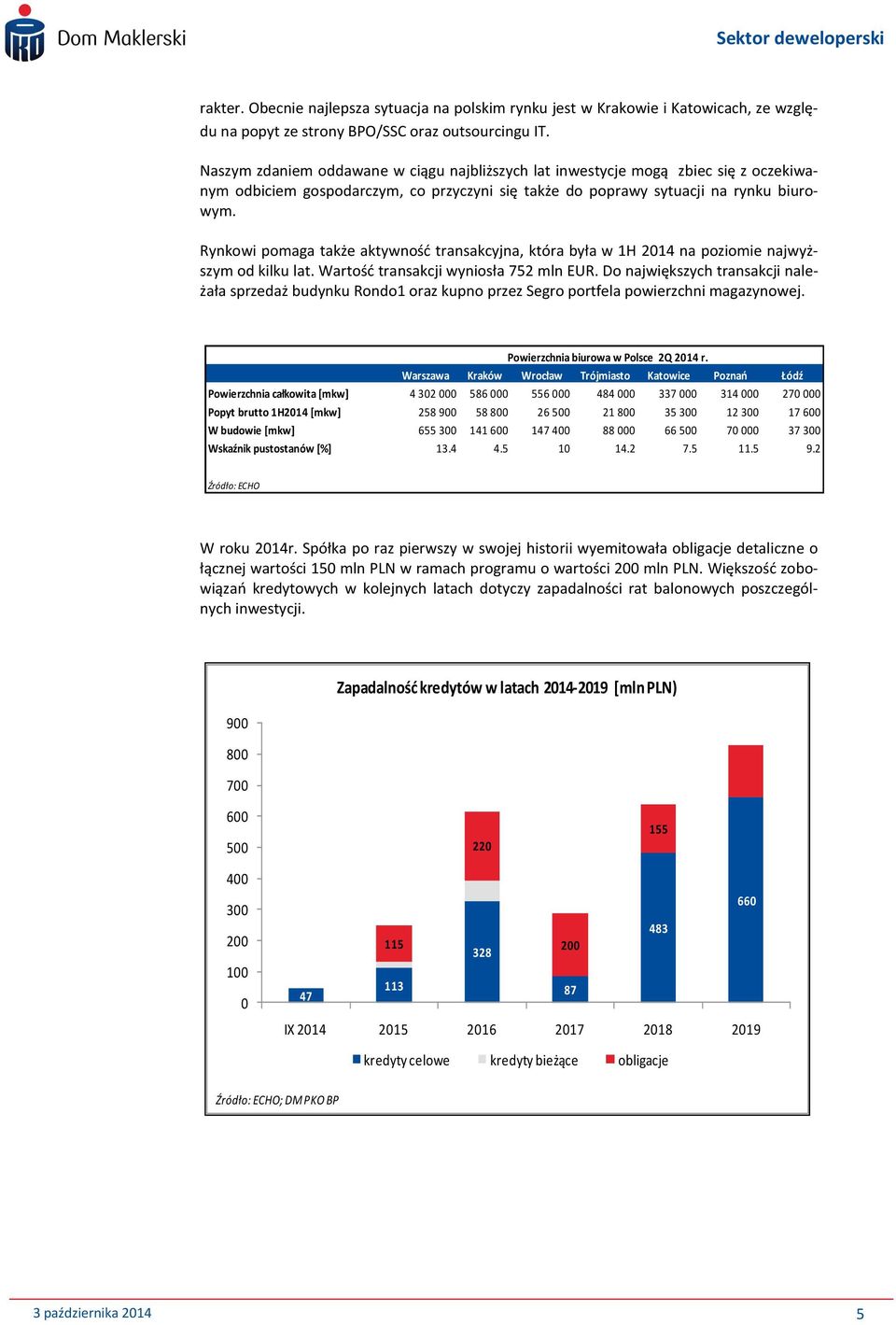 Rynkowi pomaga także aktywnośd transakcyjna, która była w 1H 2014 na poziomie najwyższym od kilku lat. Wartośd transakcji wyniosła 752 mln EUR.