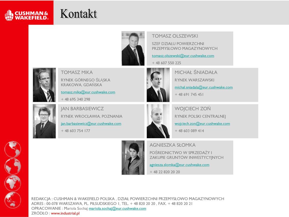 slomka@eur.cushwake.com + 48 22 820 20 20 REDAKCJA : CUSHMAN & WAKEFIELD POLSKA, DZIAŁ POWIERZCHNI PRZEMYSŁOWO MAGAZYNOWYCH ADRES : 00-078 WARSZAWA, PL. PIŁSUDSKIEGO 1, TEL. + 48 820 20 20, FAX.