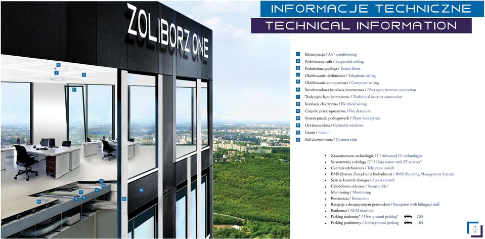connection 8 Instalacja elektryczna / Electrical wiring 9 Czujniki przeciwpożarowe / Fire detectors 10 System puszek podłogowych / Floor- box system 11 Otwierane okna / Openable windows 12 Granit /