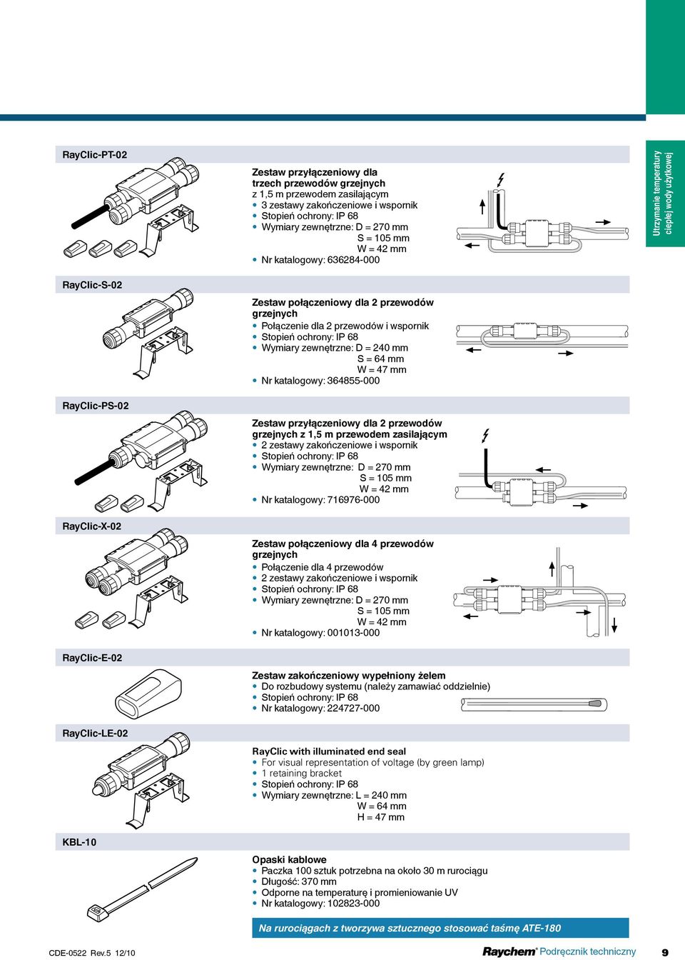 = 240 mm S = 64 mm W = 47 mm Nr katalogowy: 364855-000 Zestaw przyłączeniowy dla 2 przewodów grzejnych z 1,5 m przewodem zasilającym 2 zestawy zakończeniowe i wspornik Stopień ochrony: IP 68 Wymiary