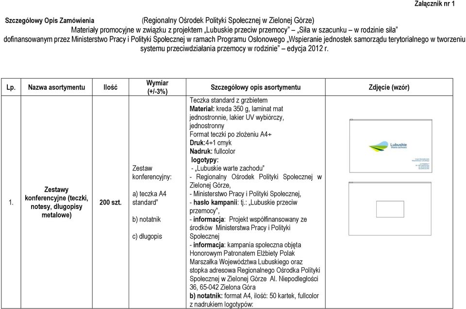 edycja 2012 r. Lp. Nazwa asortymentu Ilość 1. Zestawy konferencyjne (teczki, notesy, długopisy metalowe) 200 szt.