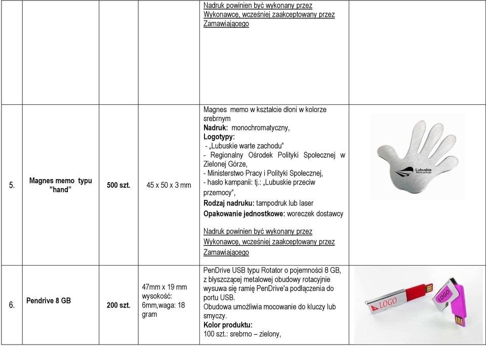 dostawcy Nadruk powinien być wykonany przez Wykonawcę, wcześniej zaakceptowany przez Zamawiającego 6. Pendrive 8 GB 200 szt.